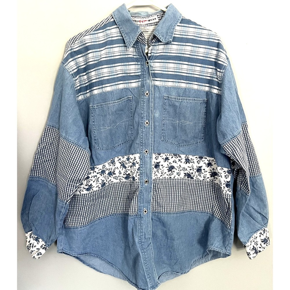 Denim Kikomo Wear Shirt Women‎ 18W 2XL Patchwork Floral Plaid Gingham Western